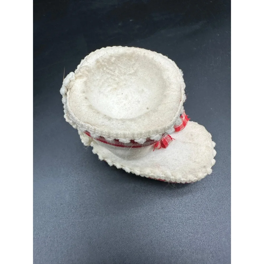 Vintage Flocked Felt Candy Boot Ornament Christmas Red Gingham‎ Ribbon Trim